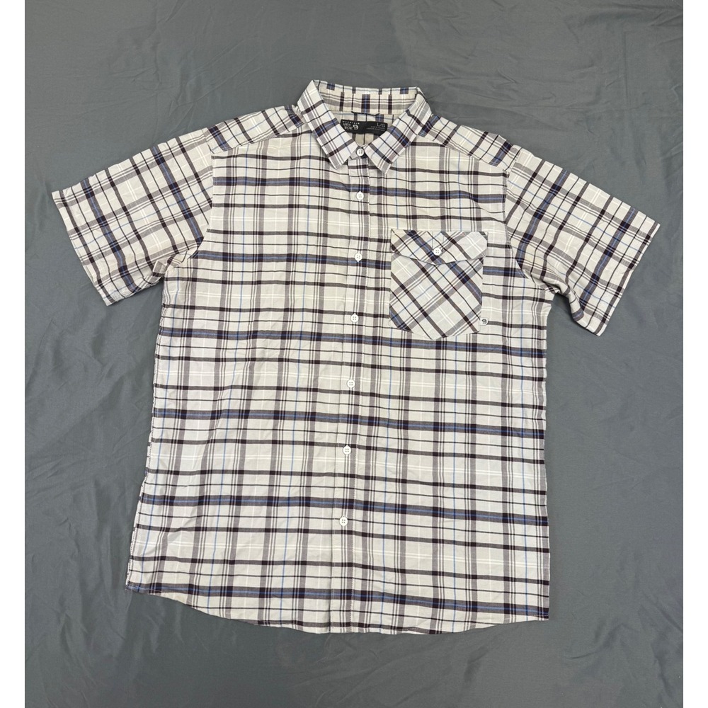 Mountain Hardwear‎ Mens L Plaid Short Sleeve Button Down Shirt White Blue Black